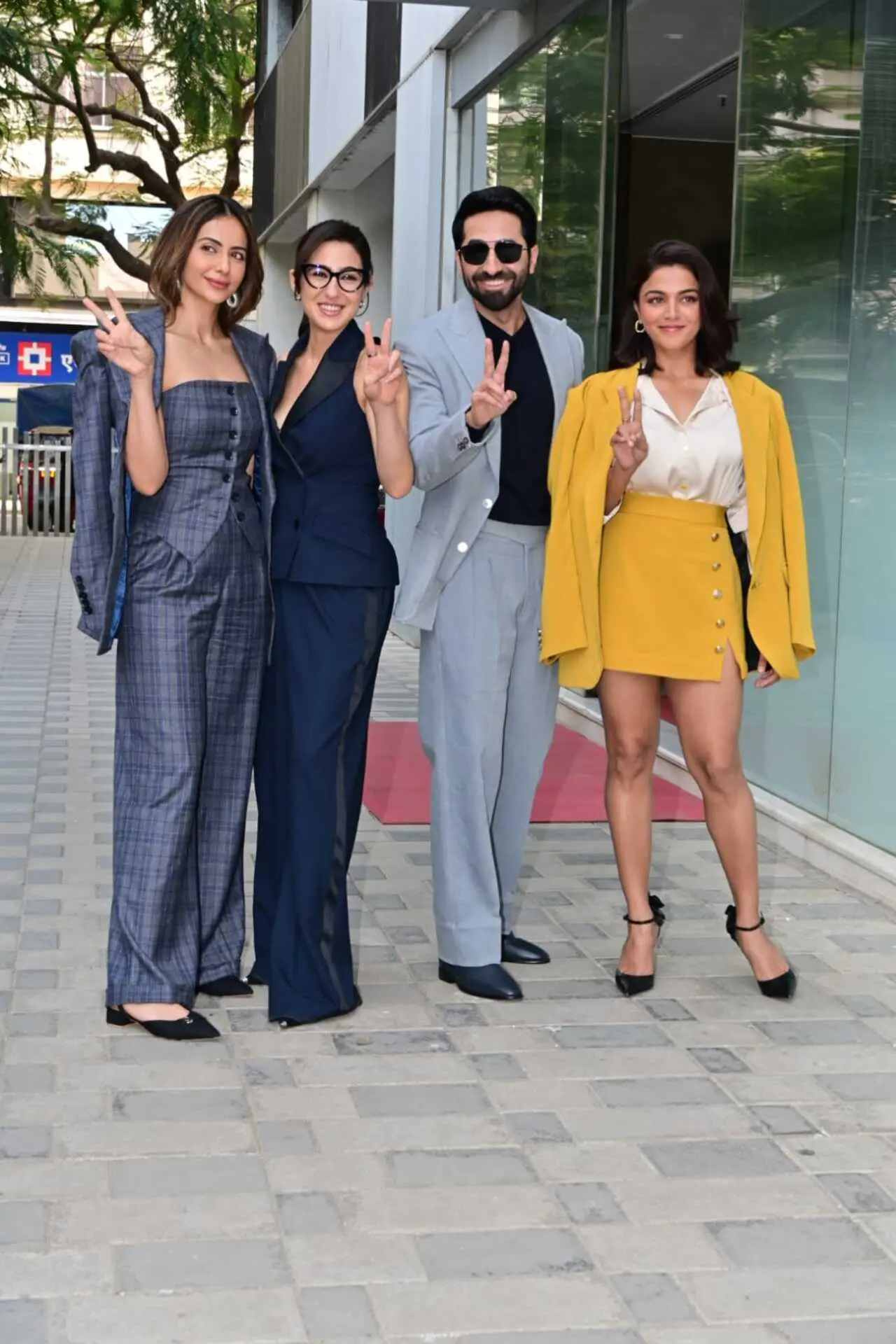 The cast of Patni Patni Aur Woh Do was seen posing together as they arrived to promote their film in formal, chic attire.